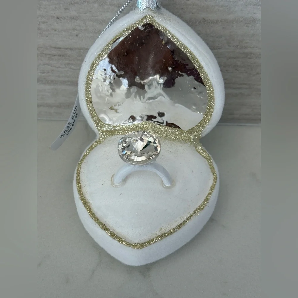 West Elm heartshaped white velvet exterior glitter trim,faux diamond ornamentNWT